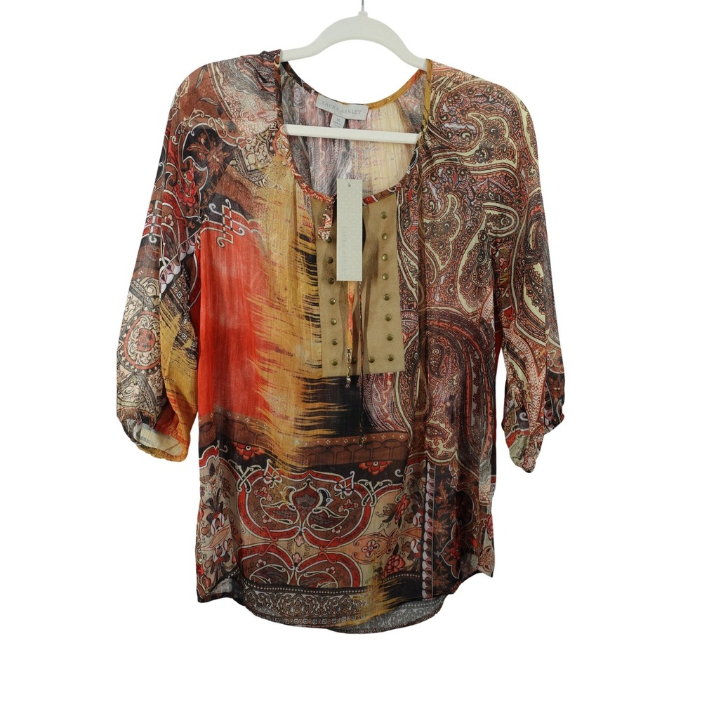 Laura Ashley Blouse Womens M Multicolor Paisley Chiffon Studded Boho Tunic Top